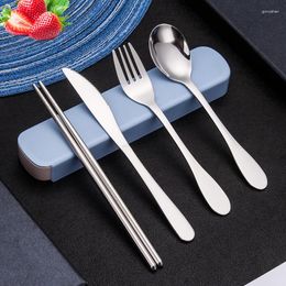 Dinnerware Sets 4Pcs Stainless Steel Tableware Set With Box Spoon Fork Table Knife Chopsticks Flatware Student Travel Portable Kitchen