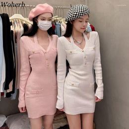 Casual Dresses M GIRLS Spring Sexy Bodycon Knitted Dress Women Halter V-neck Korean Chic Robe Mini Solid Vestido Lady Elegant Slim