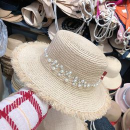 Wide Brim Hats Fashion Flat Top Raffia Girl Sun Hat Pearl Decoration Summer Beach UV Dresses For Women Luxury Cowboy