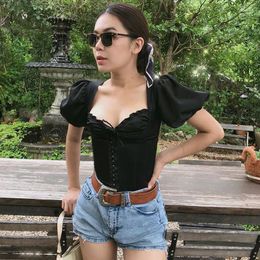 Women's Blouses Fashion Women French Style Short Puff Sleeve Lace-up Crop Top Plain Gathered Pullover Button Down Slim Casual T-Shirts