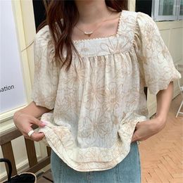 Women's Blouses Alien Kitty Summer Sweet Women Square Collar Short Lantern Sleeve Fashion Loose 2023 Printed Chic Casual Blusas