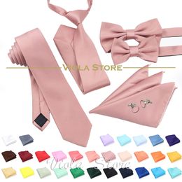 Neck Ties 6 PCS Top Color Green Pink Blue Polyester Solid 6cm Tie Set Men Kids Wedding Bowtie Hankie Party Gift Cravat Shirt Accessory 230717