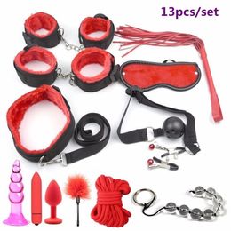 Handcuffs Whip Mouth Gag Rope Anal Beads Butt Plug Bullet Vibrator for Woman BDSM Slave Bondage Restraints Set 210722255b