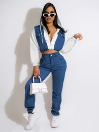Women's Two Piece Pants Women Casual Jean Patchwork Hooded Tracksuit Female Tops Jogger Long Sleeve Pants Suit Fashion Two 2 Piece Set Outfit 230717