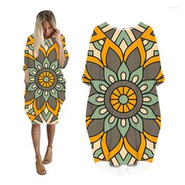 Casual Dresses For Womens Pocket Long Sleeve Woman Clothing Fashion Plus Size Ladies Clothes Midi Female Dress Print Mandala MF