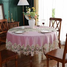 Runde Tischdecke Rosa Goldener Samt Tischbezug Esstischdecken Home Stickerei Spitze Blume Haus Handtuch Stuhlbezug Staub L230626