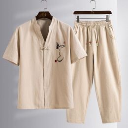 Men's Tracksuits Chinese Style Tang Suit Men Zen Shirts Pants Uniform Tee Tops Mediaeval Viking Fashion Casual T-shirt Trousers