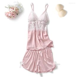 Women's Sleepwear Sexy 2PCS Strap Top&Shorts Pajamas Sets Pink Summer Womens Lace V-Neck Pijamas Suit Chest Pads Intimate Lingerie