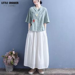 Ethnic Clothing Vintage Embroidered Top Wide Leg Harem Pants Summer Thin Cotton Linen Suit Traditional Chinese For WomenEthnic EthnicEthnic