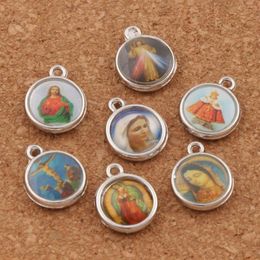 200pcs lot Enamel Catholic Religious Church Medals Saints Spacer Charm Beads 14x11 4mm Antique Silver Pendants L17062540