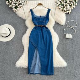 Casual Dresses Denim Strap Dress 2023 Summer Fashion Women Waist Slim Sleeveless Jeans Ladies Side Slit A-line