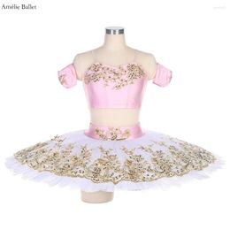 Stage Wear BLL453 Pink Spandex Bra Top With White Pleated Tulle Pancake Tutu Skirts Adult Girls 2 Pcs Pre-Professional Ballet Dance Costume