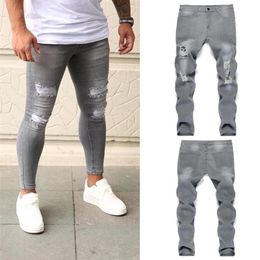 Men's Jeans Quilted Embroidered Skinny Ripped Stretch Denim Pants MAN Elastic Waist Patchwork Jogging Trousers237w