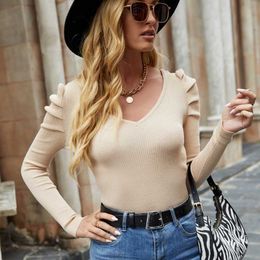 Women's Sweaters women's bottoming shirt 2022 spring autumn female's V-neck puff sleeve knitted pullover tops high-stretch shapping sweater L230718