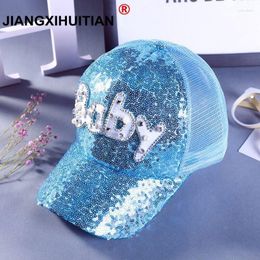 Ball Caps 2023 Baby Girls Sequins Letter Snapback Mesh Baseball Children Summer Pearls Hip Hop Adjustable Sun Hats Bonnet