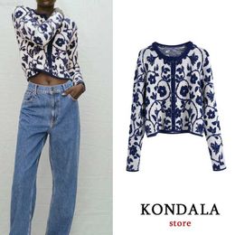 Women's Sweaters KONDALA Za 2021 Blue Floral Knitted Cardigans Women Long Sleeve V Neck Vintage Fashion Autumn Sweaters Female Elegant Mujer Tops L230718