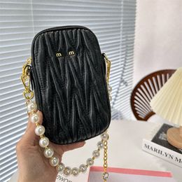 Designers bags women mini Mobile phone bag handbag Pearl chain bags wrinkle design Shoulder bag Genuine leather 4 colors female card holder Purse Clutch