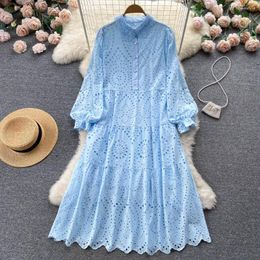 Casual Dresses Gentle Style Hollow-Out Loose Women Dress 2023 Spring Summer Long Sleeved Big Swing Female Elegant