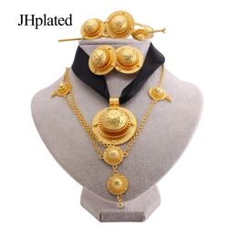 Wedding Jewellery Sets Luxury Gold plated bridal Jewellery sets for women Ethiopian Red rope pendant Hairpin necklace earrings bracelet ring wedding gift 230717