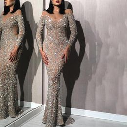 gold long sleeve slim sexy dress in season Luxurious Sequin Crystals Mermaid Gorgeous Evening Gowns Unique Design Prom Dresses2799