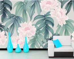 Wallpapers Papel De Parede Custom Tropical Plants Leaves Pink Flowerst Wallpaper Mural Living Room Tv Wall Bedroom Home Decor