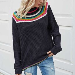 Women's Sweaters Women's Rainbow Striped Sweaters Autumn Winter Ladies Long Sleeve Contrast Color Knitted Shirt Female's Pullover Tops Jumpers L230718