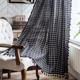 Curtain Black Plaid With Tassel For Living Room Blinds French Windows Cotton Semi Blackout Finished Curtains