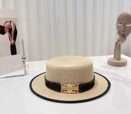 Japan and South Korea Triumphal Arch Metal Buckle Flat Top Straw Hat Women's Summer Fashion Sunscreen Gift Hat Sunshade Sunscreen Wrapped Straw Hat