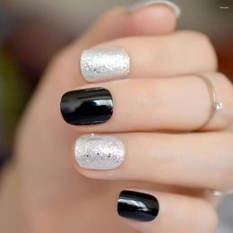 False Nails Sparkly Silver Glitter Short Classic Black Press On Fake Full Cover Acrylic Bling Wear Nail Art Accessories