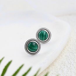 Stud Earrings Authentic 925 Sterling Silver Earring Inlaid Natural Malachite Retro National Style Antique Lady Jewellery Gift