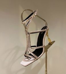 Summer Luxry Brand Moneta Sandals Shoes Women Crystal Strappy Cross Calf Suede Golden Engraved Heel Party Wedding Pumps Gladiator Sandalias EU35-42