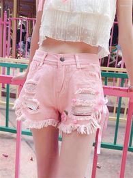 Women's Shorts Sweet High Waisted Korea Harajuku Street Summer Short Jeans Cute Sexy Ripped Denim Tassel Hole Pink Y2k