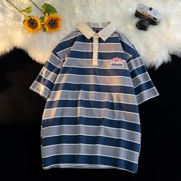 Men's Polos T-shirt Summer Classic Fashion Vintage Striped Body Flower Logo Cotton Casual Lapel Short Sleeve Polo Shirt 2023