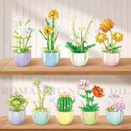 Blocks Building Block Mini Bouquet Toys Home Decoration Plant Potted Chrysanthemum Rose Flower Assembly Brick Girls Toys Children Gifts R230718