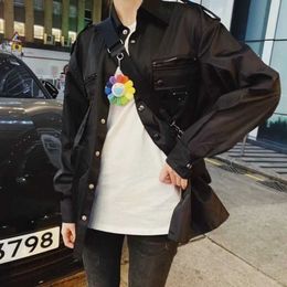 Spring and summer black lapel long-sleeved workwear shirt coat, nylon touch soft and comfortable, men and women with the same style, loose and simple fashion.