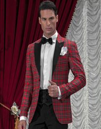 Men's Suits Auriparus Flaviceps Plaid England Red Cheque Blazer And Black Pants 2 Pieces Groom Tuxedos Custom Made Wedding