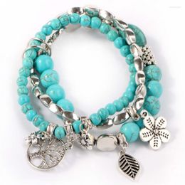 Strand Silver Plated Alloy Leaf Tree Of Life Green Turquoises Stone Bracelet Flower Ethnic Style Jewellery