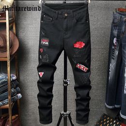 Men's Jeans Summer High Street Slim Black Rose Letter Patchwork Pants Denim Straight Casual Daily Clothing Hip Hop Streetwear Y2k 230718