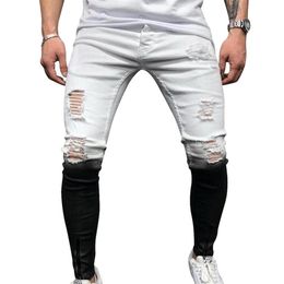 New Jeans Skinny Men Gradient Black White Ripped Hole Denim Pantalones Male 2020 Autumn Ankle Zipper Pencil Trousers286m