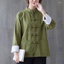Ethnic Clothing 2023 Chinese Style Top Female Stand-up Collar Long Sleeve Cotton Linen Retro Tang Suit Blouse Improved Zen S48