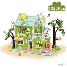 Blocks 1350pcs Mini Lime Tea Shop Architecture Building Blocks City Street View Food Store Chocolate Workshop Bricks Figures Toys Gifts R230718