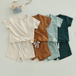 Clothing Sets Infant Boys Girls Summer Clothes Outfits Solid Colour Crew Neck Short Sleeve T-Shirts And Elastic Waist Shorts Suit