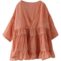 Women's Blouses Pure Cotton Summer Retro Sweet Stitching Ruffled High-waist Baby Shirt Tops Women Loose V-neck Imitation Linen