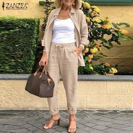 Women s Two Piece Pants 2023 ZANZEA Autumn Women 2PCS Suit Full Sleeve Turn Down Collar Solid Button Blouse Female Bohemian Holiday Loose Pockets Pant 230718