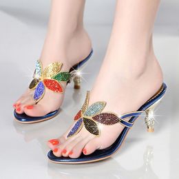 52 Gold Blue Women Beach Shoes Designer Summer Female Slides Crystal Sandals Slippers High Heel Flip Flops C0017 230717 784