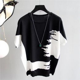 Women's T-Shirt Summer Contrast Colors Sweater Pullover Women Vintage Loose Knitted Short Sleeve T-Shirt Plus Size O-Neck Knitwear Tops Casual 230717