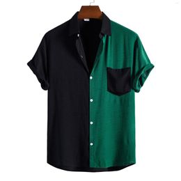 Men's Casual Shirts Boys Summer Short Sleeve Button Up Green Red Retro Shirt Man Plus Size Contrast Colour Patchwork Streetwear Top Xxl