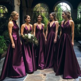 Grape Purple Long Satin A Line Bridesmaid Dresses Floor Length Halter Sleeveless Girl's Formal Occasion Party Gowns Rustic Country Wedding Maid Of Honor Dress CL2632