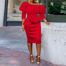 Casual Dresses Sexy One Shoulder Lantern Sleeve Bodycon Dress Evening Party For Women 2023 Elegant Peplum Gown African Pencil Red