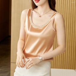 Women's Tanks Acetate Satin Camisole Women Chic Pearl Loose Inner Top Design Feel Fashion Casual Bottoming Shirt Outer Wear Crop Tops